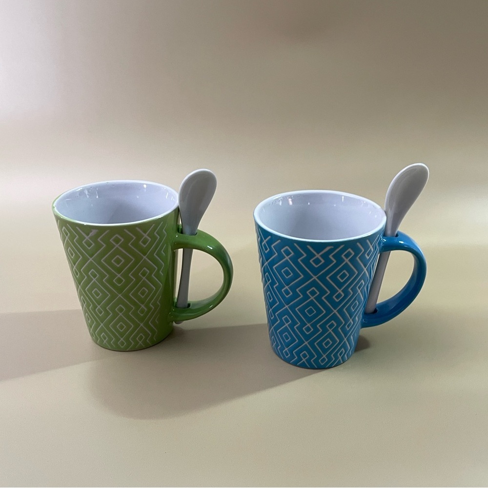 Set of 2 Geometric Ceramic Mug with Spoons